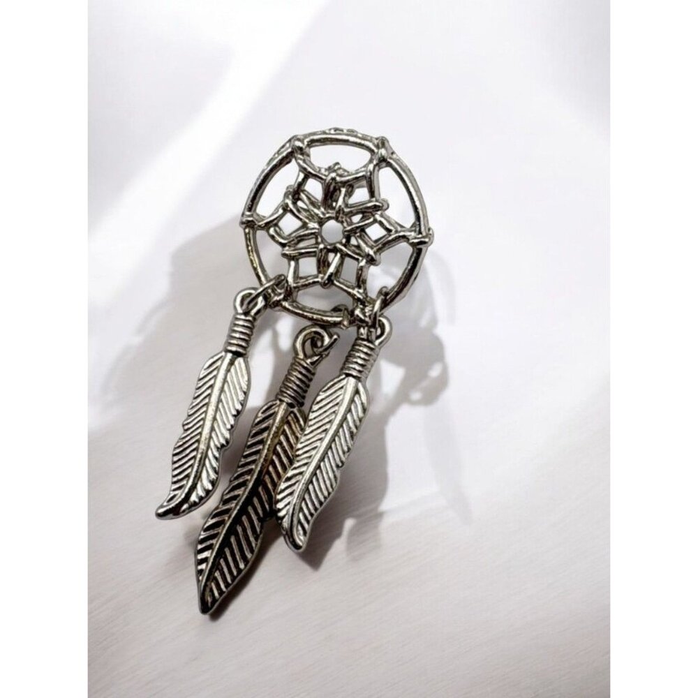 Dreamcatcher with Dangling Feathers Brooch Pin Silver Tone Fashion Jewelry